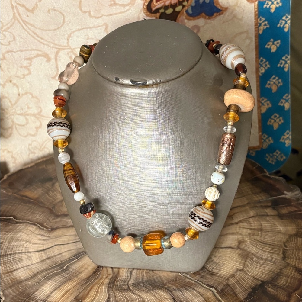 Dichroic Glass Natural Agate Pearl Carved Wood Long Handmade Beaded Necklace